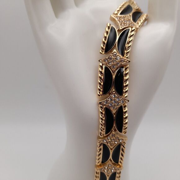 Vintage Park Lane Bracelet Post Earrings Set, Black Enamel Rhinestones - Picture 3 of 11